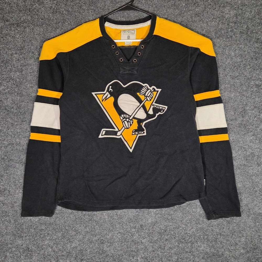 CCM Pittsburgh Penguins NHL Shirt Mens Small Black Lace Up Thermal Vintage Logo